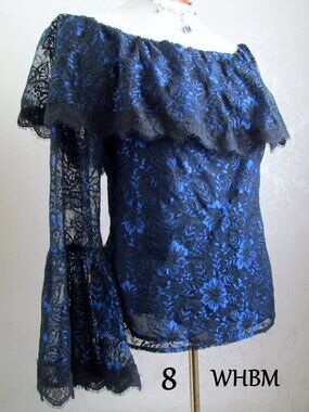 LACE BLOUSE, 8, WHITE HOUSE BLACK MARKET RUFFLE NECK, OFF-SHOULDER, BELL SLEEVES